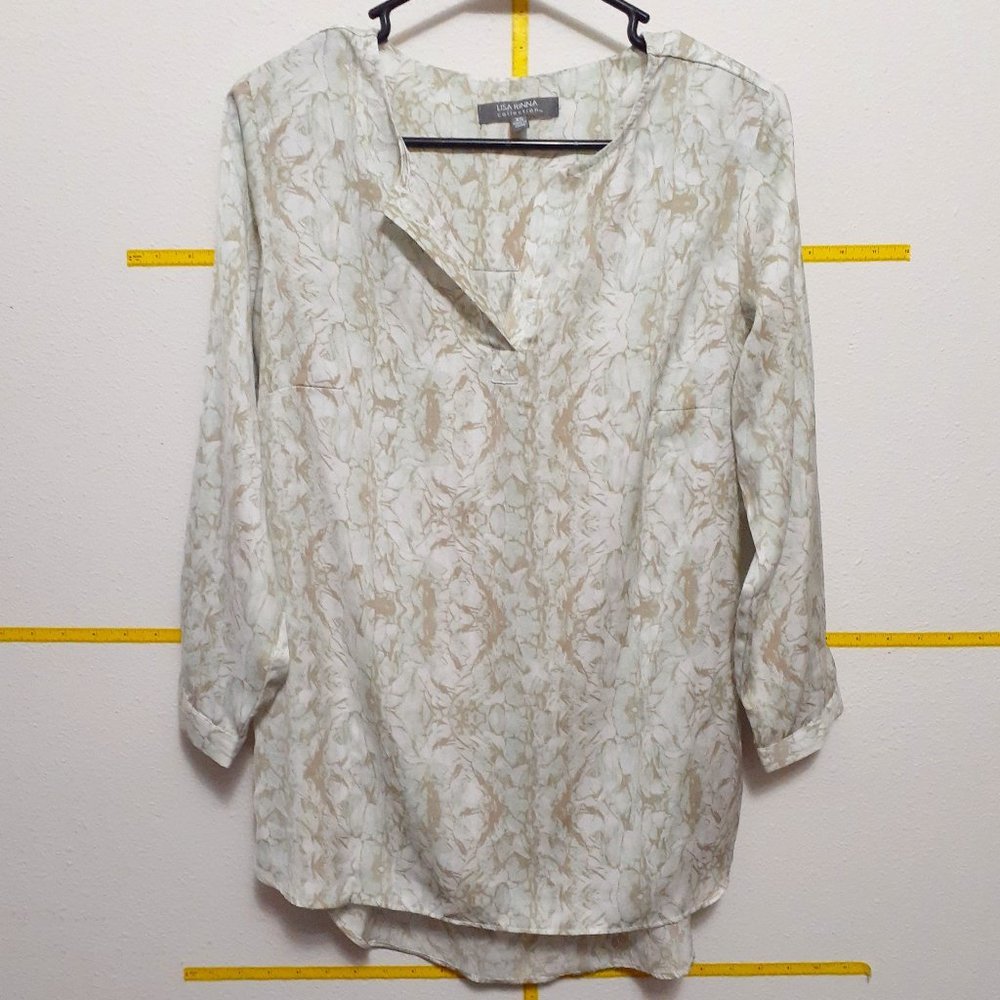 Lisa Rinna Woven V Neck Top 3/4 Sleeve XS Marbled Marble Ripple Blouse EUC